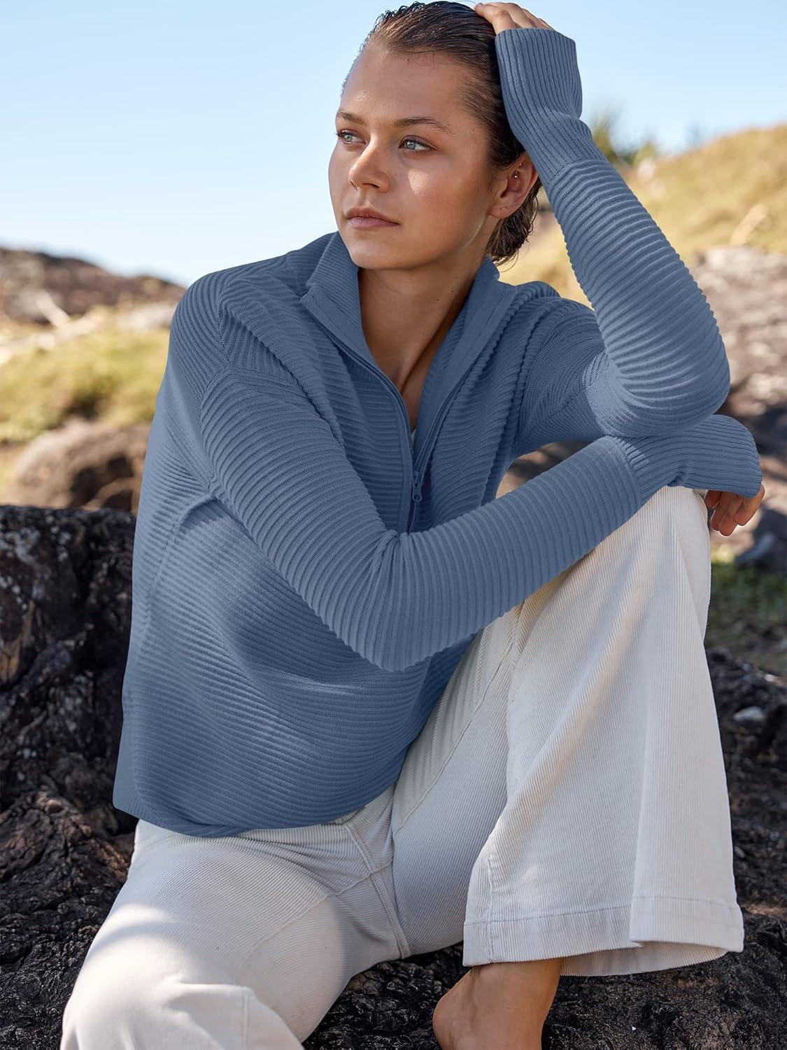 imageANRABESS Womens Long Sleeve Quarter Zip Pullover Sweater Casual Loose V Neck Collared Ribbed Knit Jumper Tops Thumb HoleBlue