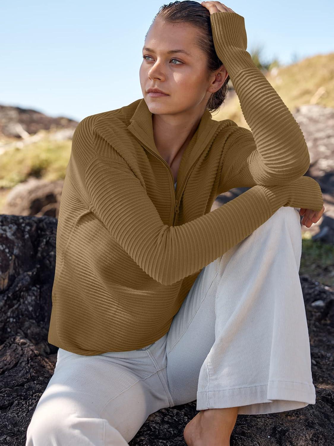 imageANRABESS Womens Long Sleeve Quarter Zip Pullover Sweater Casual Loose V Neck Collared Ribbed Knit Jumper Tops Thumb HoleBrown