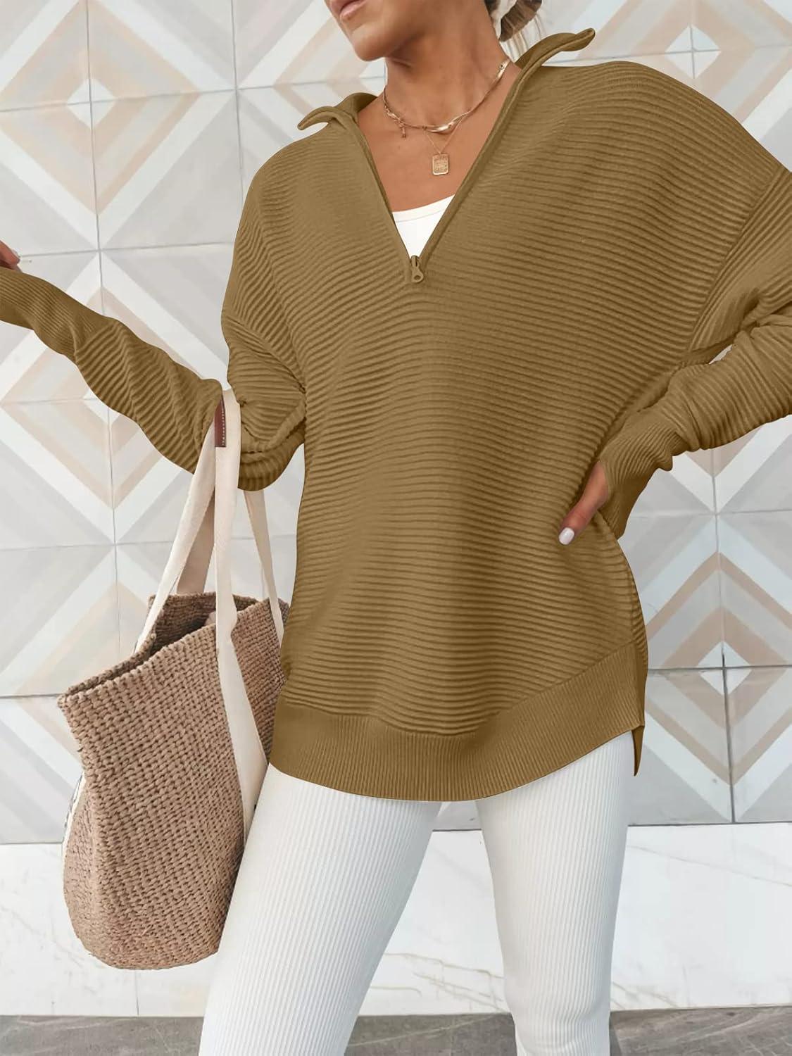 imageANRABESS Womens Long Sleeve Quarter Zip Pullover Sweater Casual Loose V Neck Collared Ribbed Knit Jumper Tops Thumb HoleBrown