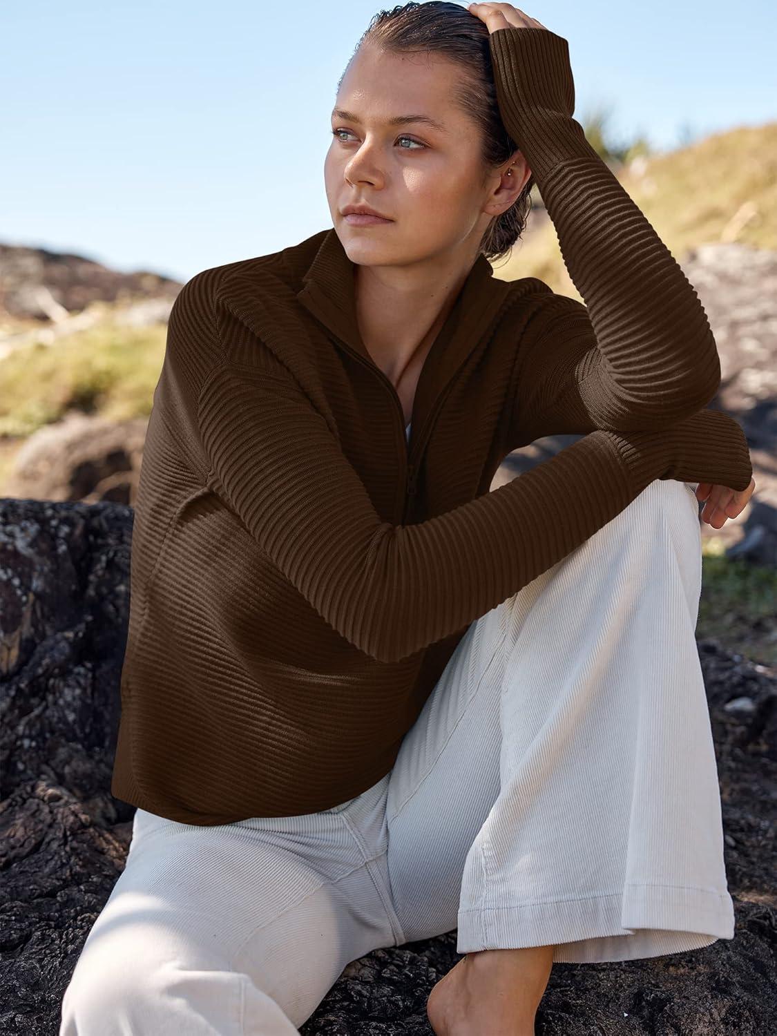 imageANRABESS Womens Long Sleeve Quarter Zip Pullover Sweater Casual Loose V Neck Collared Ribbed Knit Jumper Tops Thumb HoleCoffee