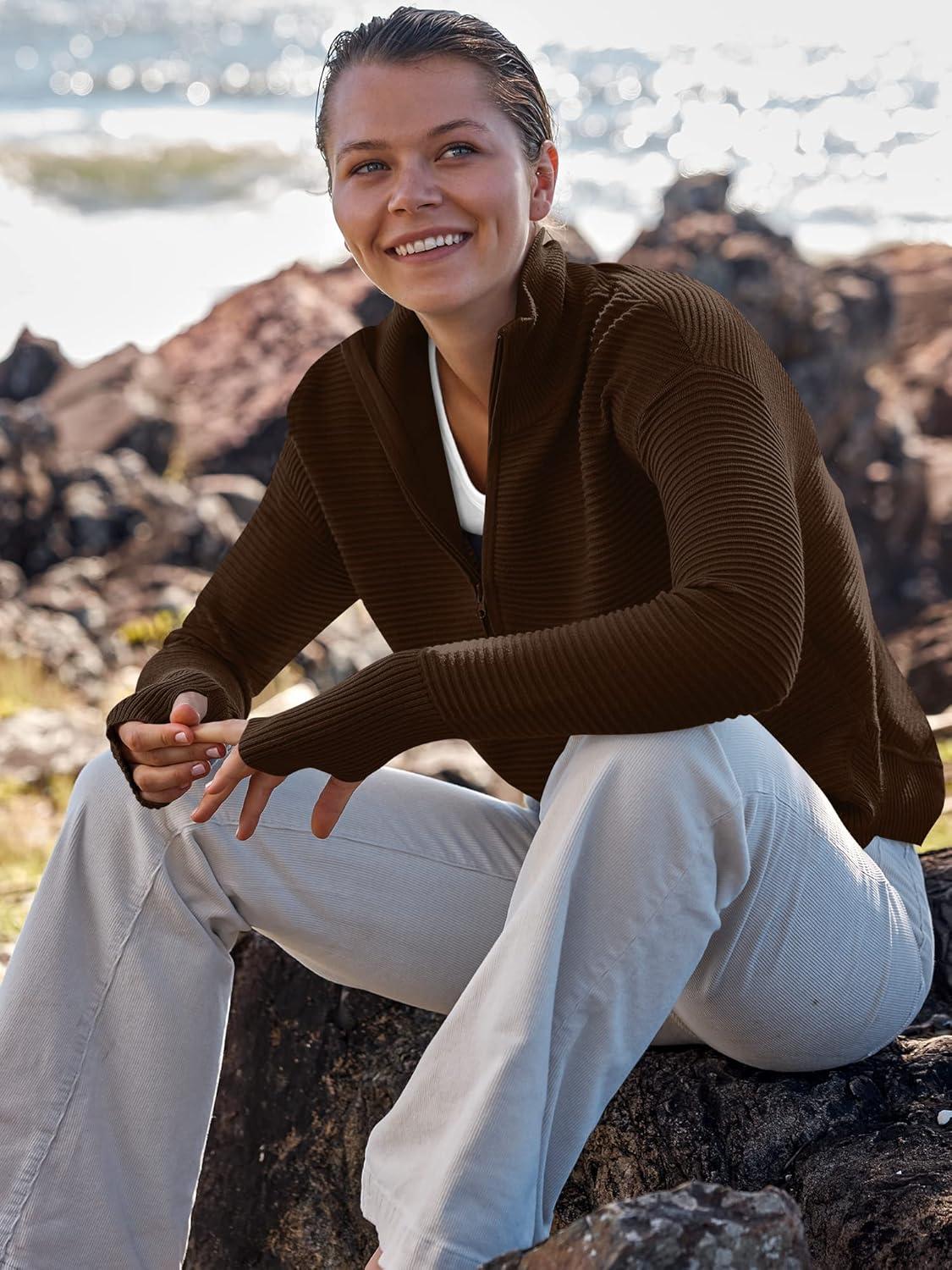 imageANRABESS Womens Long Sleeve Quarter Zip Pullover Sweater Casual Loose V Neck Collared Ribbed Knit Jumper Tops Thumb HoleCoffee