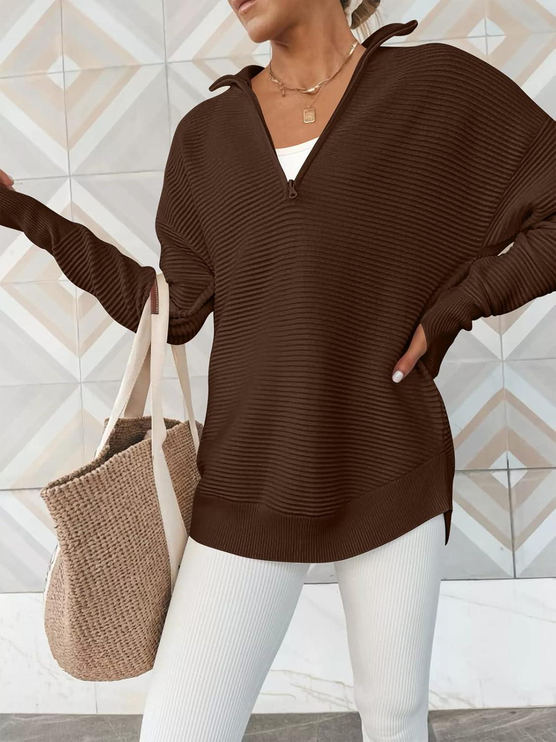 imageANRABESS Womens Long Sleeve Quarter Zip Pullover Sweater Casual Loose V Neck Collared Ribbed Knit Jumper Tops Thumb HoleCoffee