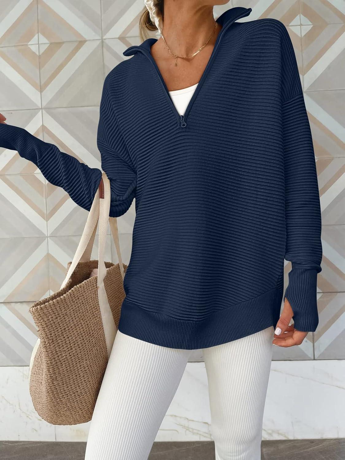 imageANRABESS Womens Long Sleeve Quarter Zip Pullover Sweater Casual Loose V Neck Collared Ribbed Knit Jumper Tops Thumb HoleDark Blue
