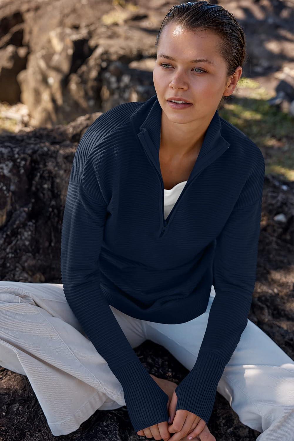 imageANRABESS Womens Long Sleeve Quarter Zip Pullover Sweater Casual Loose V Neck Collared Ribbed Knit Jumper Tops Thumb HoleDark Blue