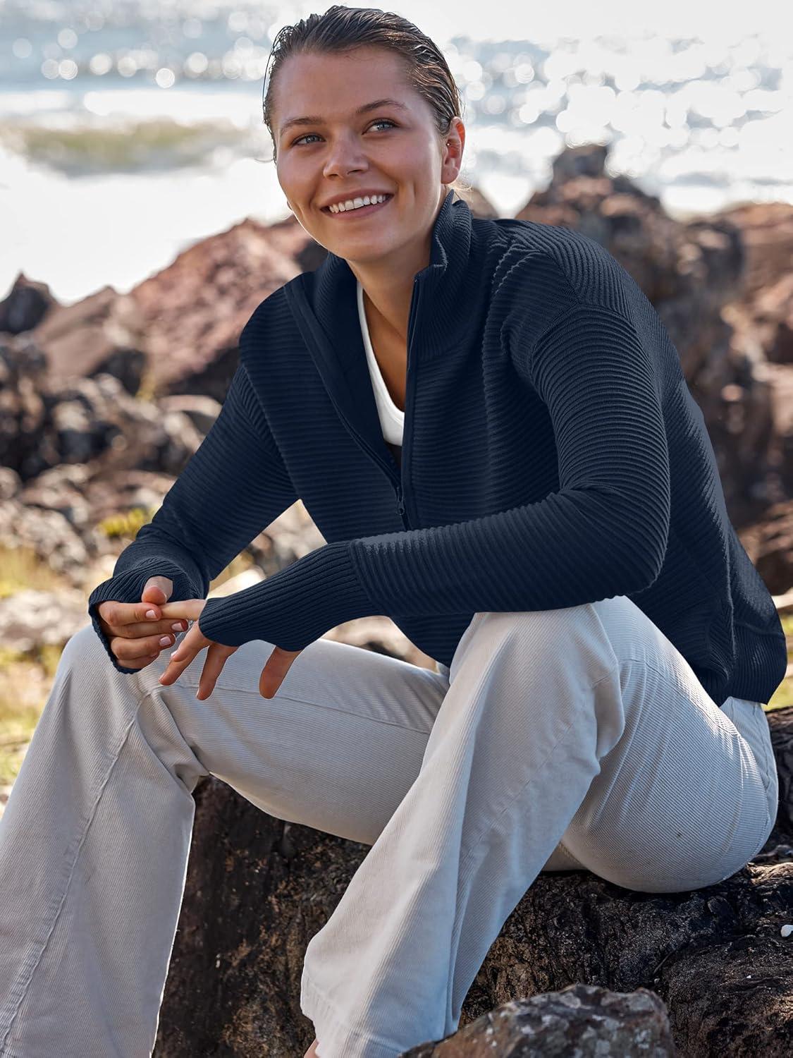 imageANRABESS Womens Long Sleeve Quarter Zip Pullover Sweater Casual Loose V Neck Collared Ribbed Knit Jumper Tops Thumb HoleDark Blue