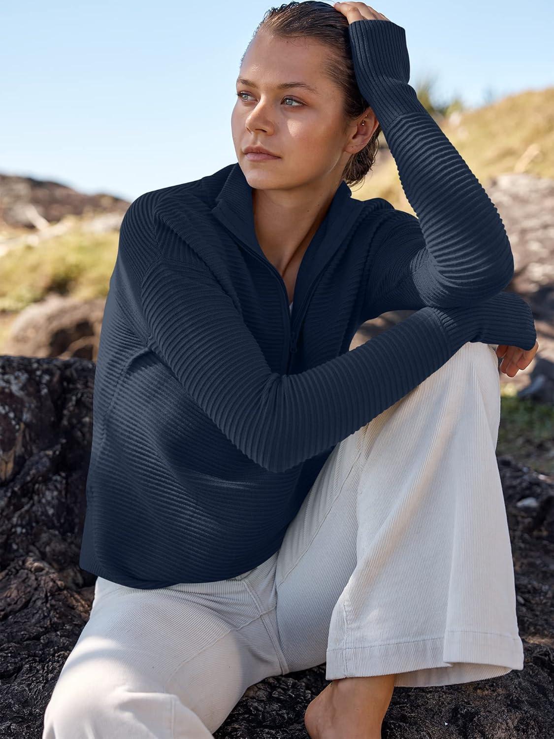 imageANRABESS Womens Long Sleeve Quarter Zip Pullover Sweater Casual Loose V Neck Collared Ribbed Knit Jumper Tops Thumb HoleDark Blue