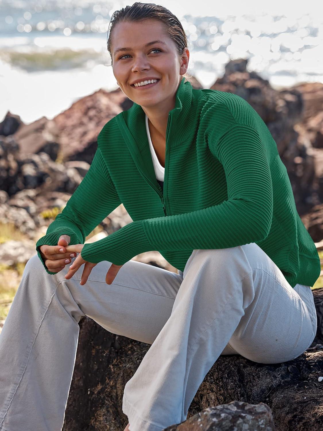 imageANRABESS Womens Long Sleeve Quarter Zip Pullover Sweater Casual Loose V Neck Collared Ribbed Knit Jumper Tops Thumb HoleGreen