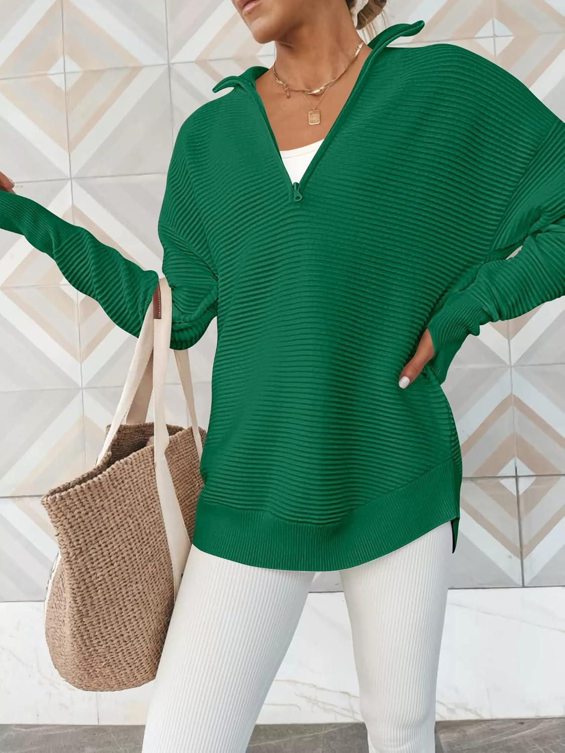 imageANRABESS Womens Long Sleeve Quarter Zip Pullover Sweater Casual Loose V Neck Collared Ribbed Knit Jumper Tops Thumb HoleGreen