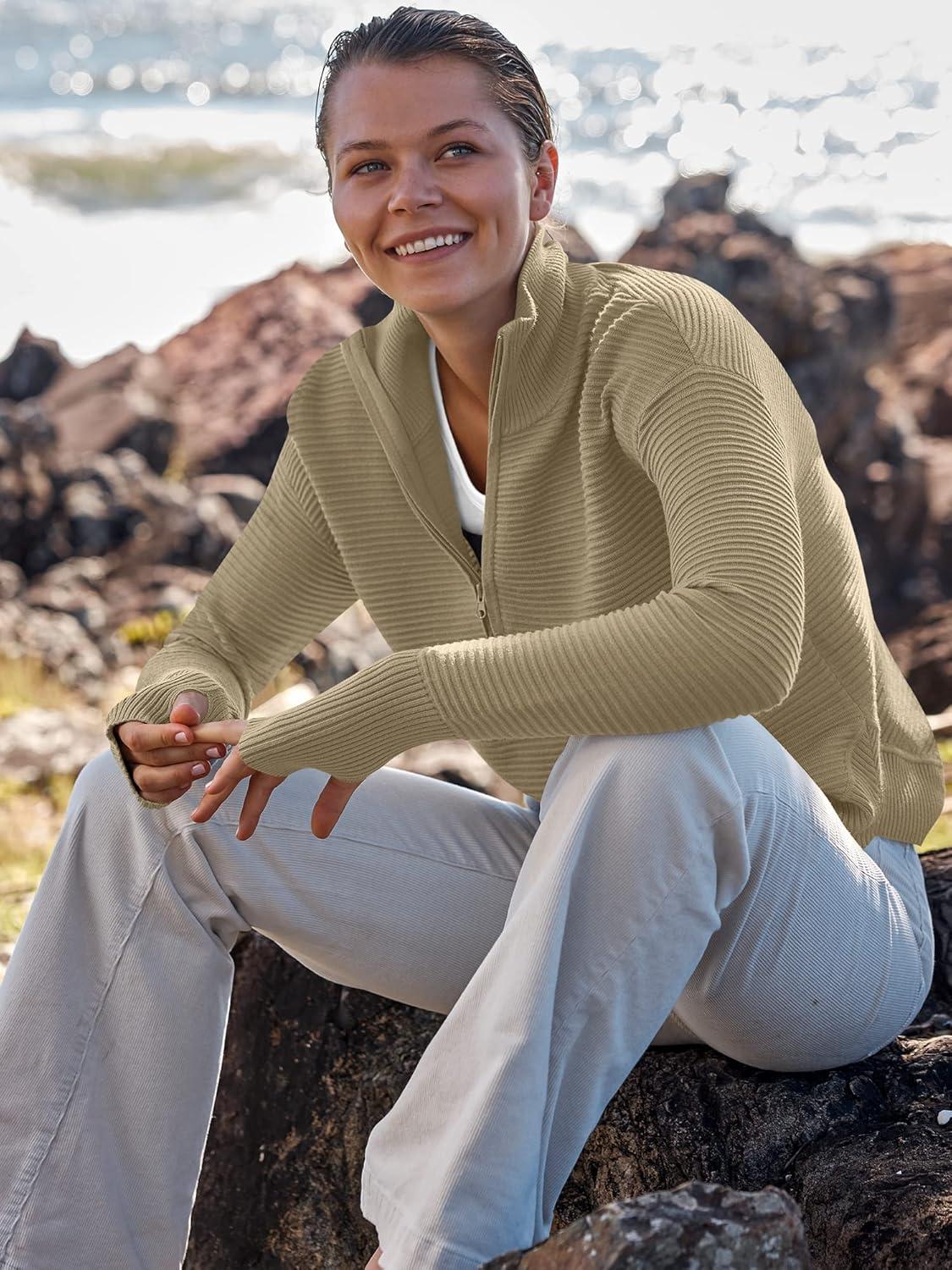 imageANRABESS Womens Long Sleeve Quarter Zip Pullover Sweater Casual Loose V Neck Collared Ribbed Knit Jumper Tops Thumb HoleKhaki