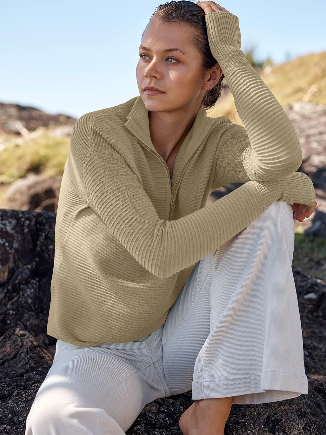 imageANRABESS Womens Long Sleeve Quarter Zip Pullover Sweater Casual Loose V Neck Collared Ribbed Knit Jumper Tops Thumb HoleKhaki