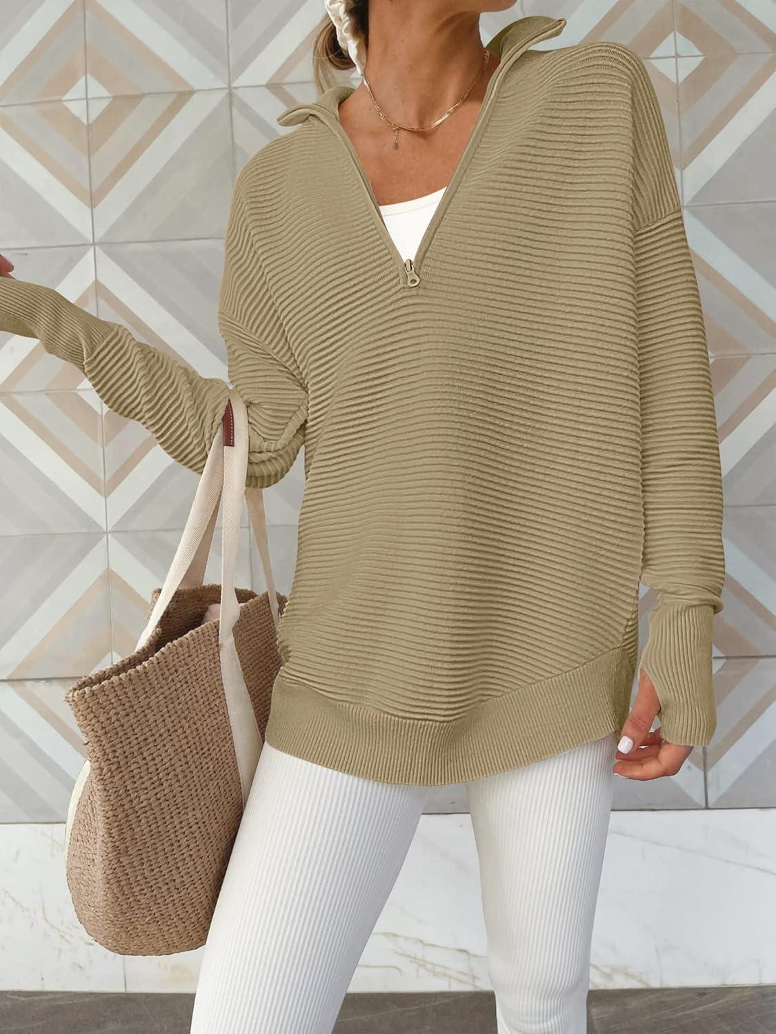 imageANRABESS Womens Long Sleeve Quarter Zip Pullover Sweater Casual Loose V Neck Collared Ribbed Knit Jumper Tops Thumb HoleKhaki