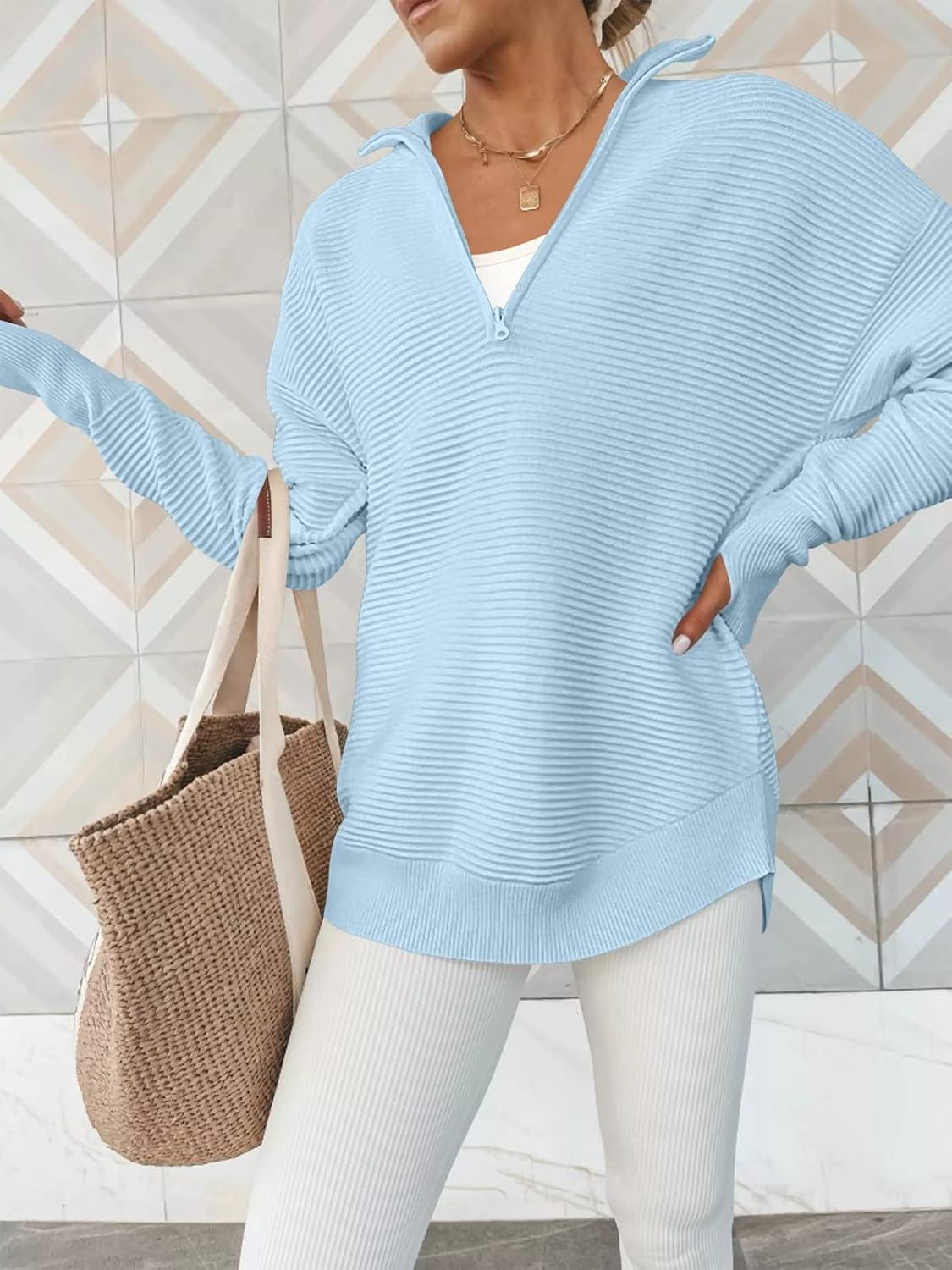 imageANRABESS Womens Long Sleeve Quarter Zip Pullover Sweater Casual Loose V Neck Collared Ribbed Knit Jumper Tops Thumb HoleLight Blue
