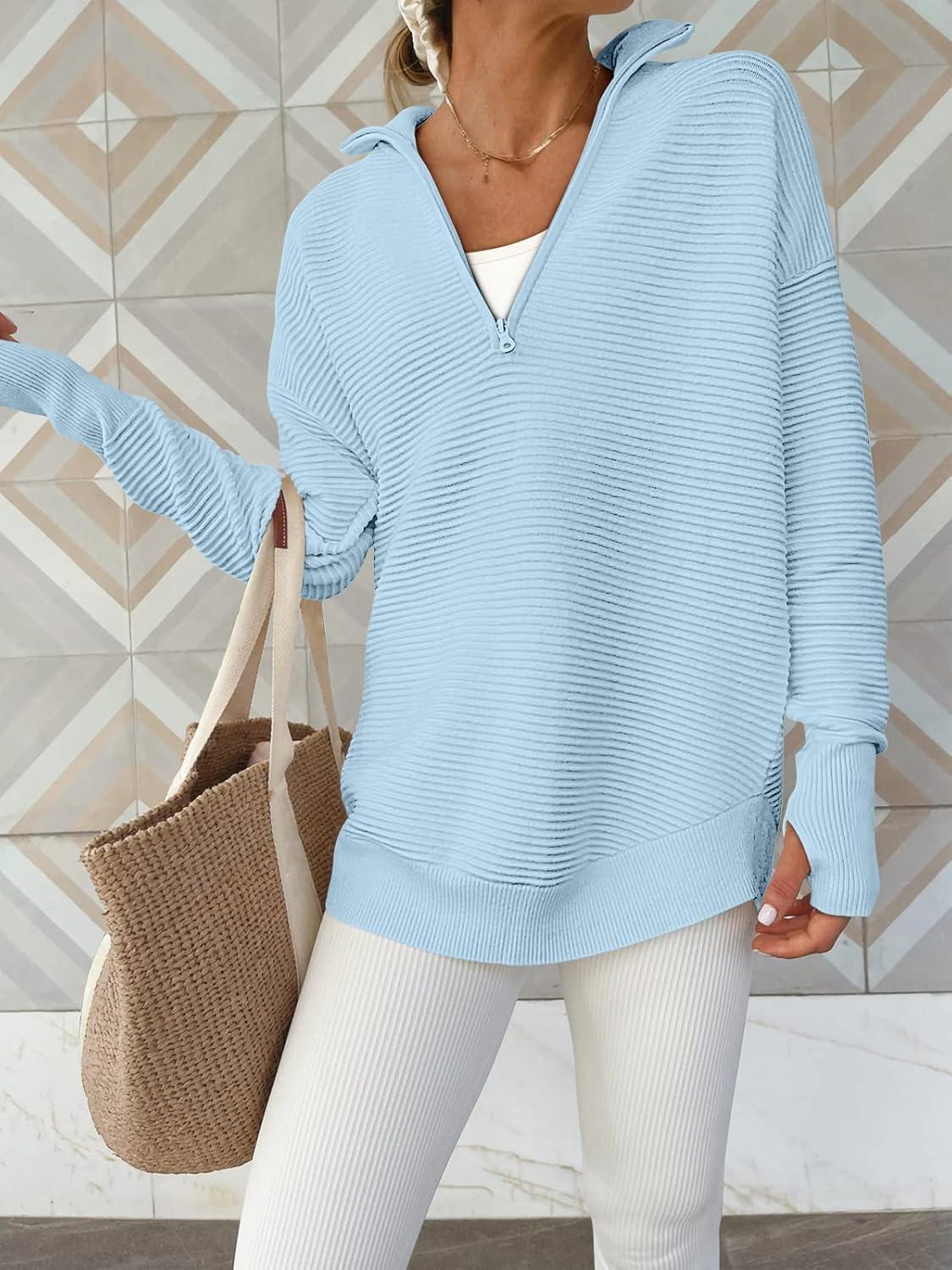 imageANRABESS Womens Long Sleeve Quarter Zip Pullover Sweater Casual Loose V Neck Collared Ribbed Knit Jumper Tops Thumb HoleLight Blue