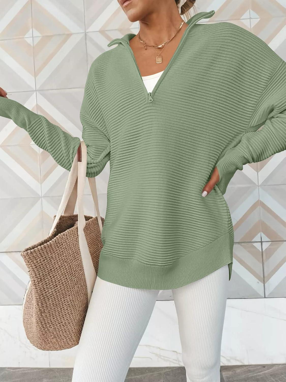 imageANRABESS Womens Long Sleeve Quarter Zip Pullover Sweater Casual Loose V Neck Collared Ribbed Knit Jumper Tops Thumb HoleLight Green