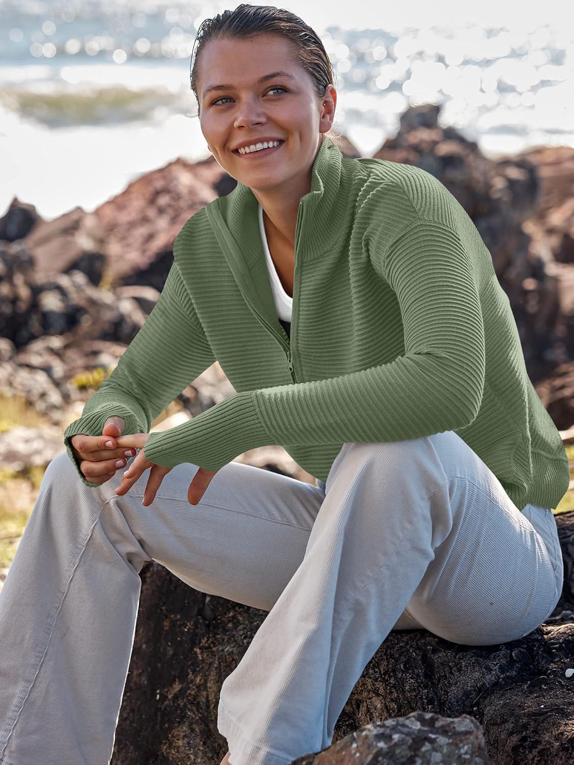 imageANRABESS Womens Long Sleeve Quarter Zip Pullover Sweater Casual Loose V Neck Collared Ribbed Knit Jumper Tops Thumb HoleLight Green