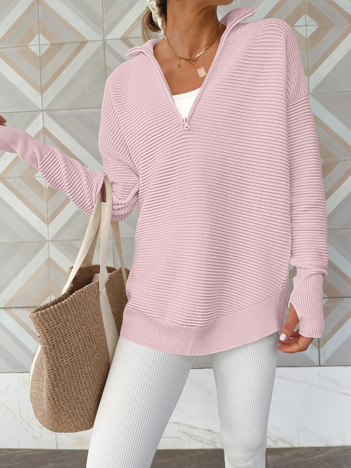 imageANRABESS Womens Long Sleeve Quarter Zip Pullover Sweater Casual Loose V Neck Collared Ribbed Knit Jumper Tops Thumb HolePink