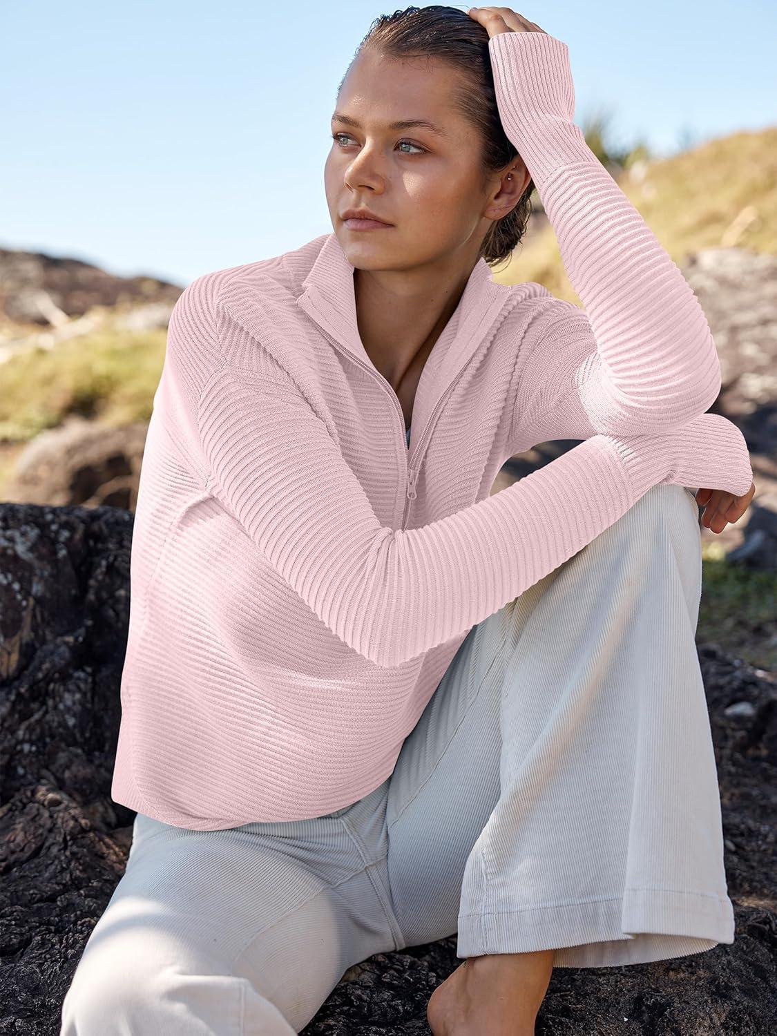 imageANRABESS Womens Long Sleeve Quarter Zip Pullover Sweater Casual Loose V Neck Collared Ribbed Knit Jumper Tops Thumb HolePink