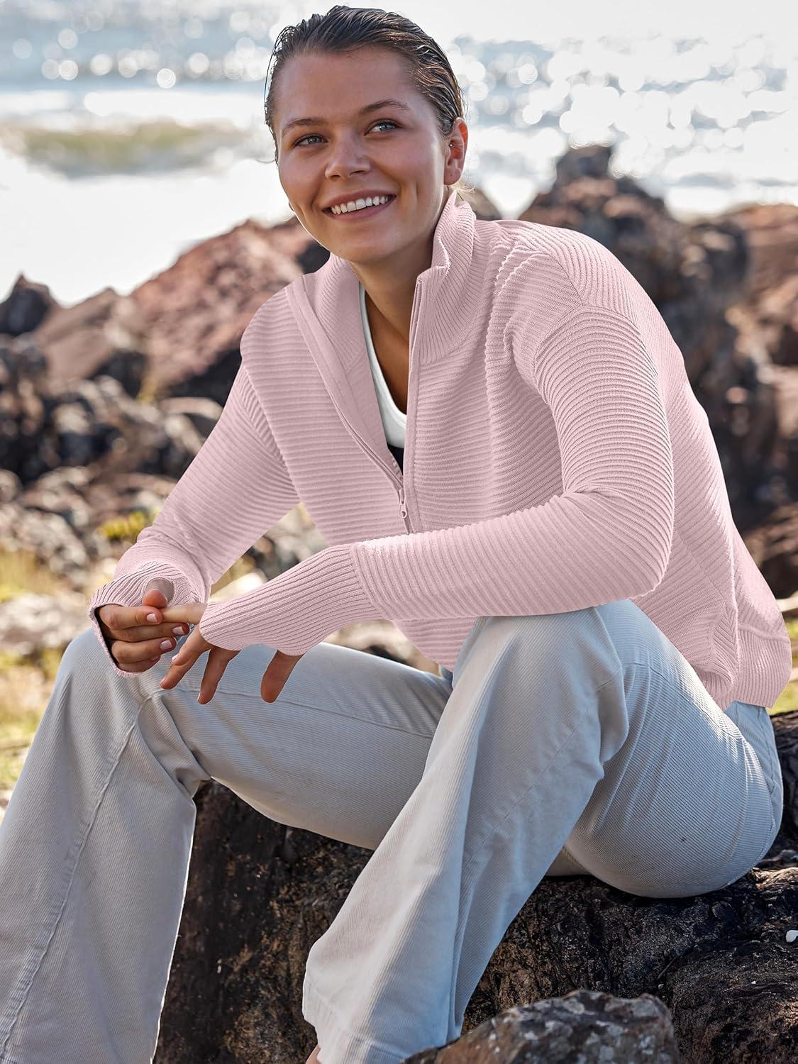 imageANRABESS Womens Long Sleeve Quarter Zip Pullover Sweater Casual Loose V Neck Collared Ribbed Knit Jumper Tops Thumb HolePink