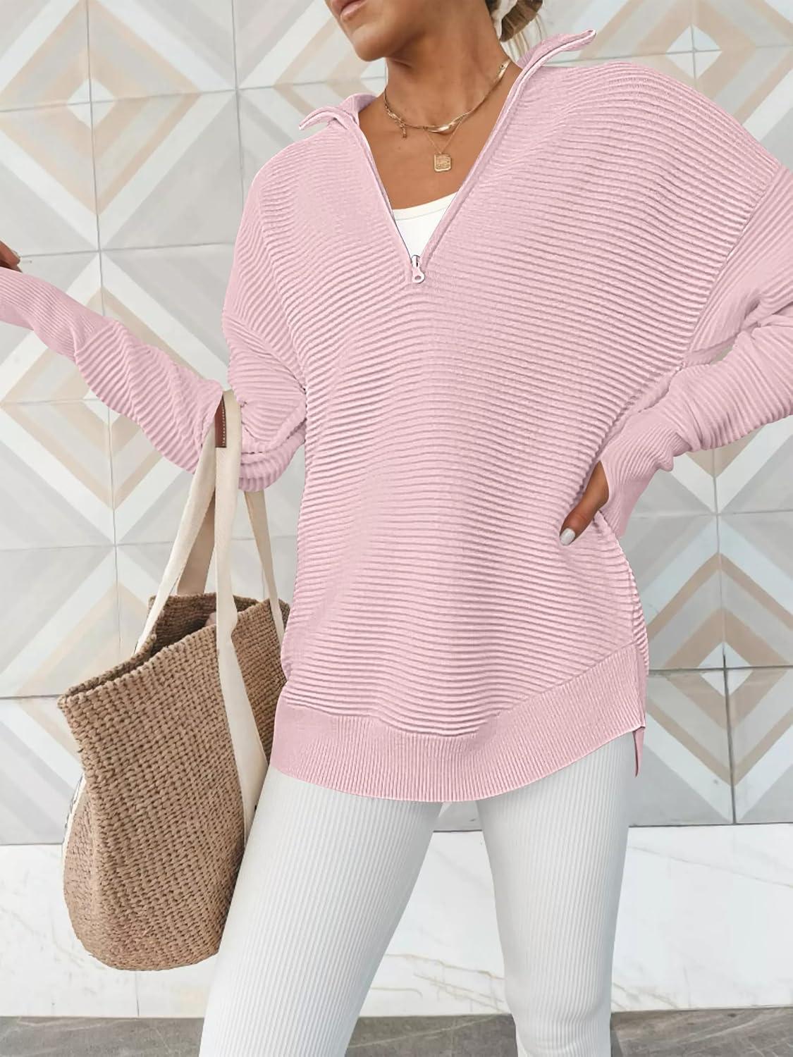 imageANRABESS Womens Long Sleeve Quarter Zip Pullover Sweater Casual Loose V Neck Collared Ribbed Knit Jumper Tops Thumb HolePink