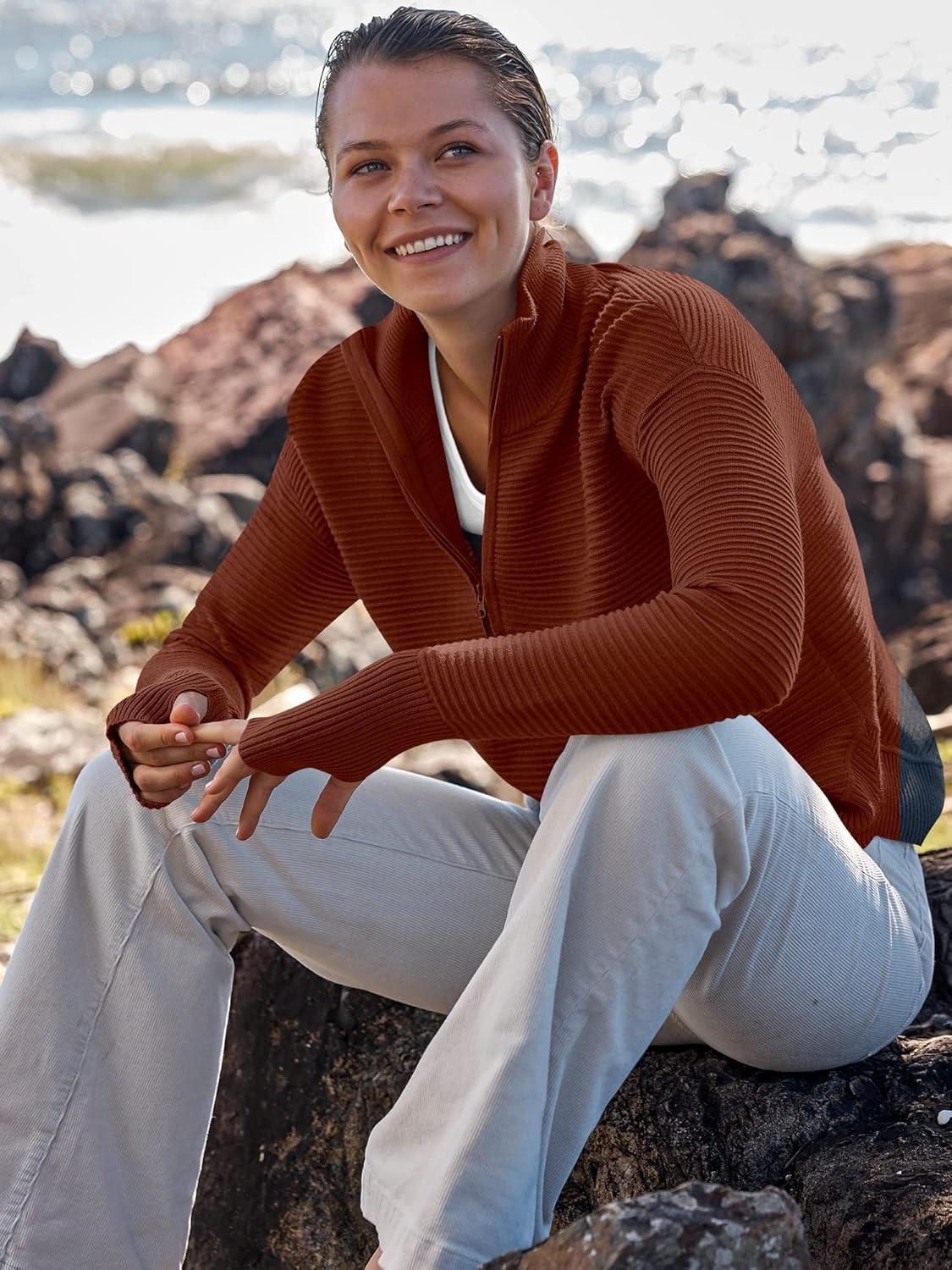 imageANRABESS Womens Long Sleeve Quarter Zip Pullover Sweater Casual Loose V Neck Collared Ribbed Knit Jumper Tops Thumb HoleRust