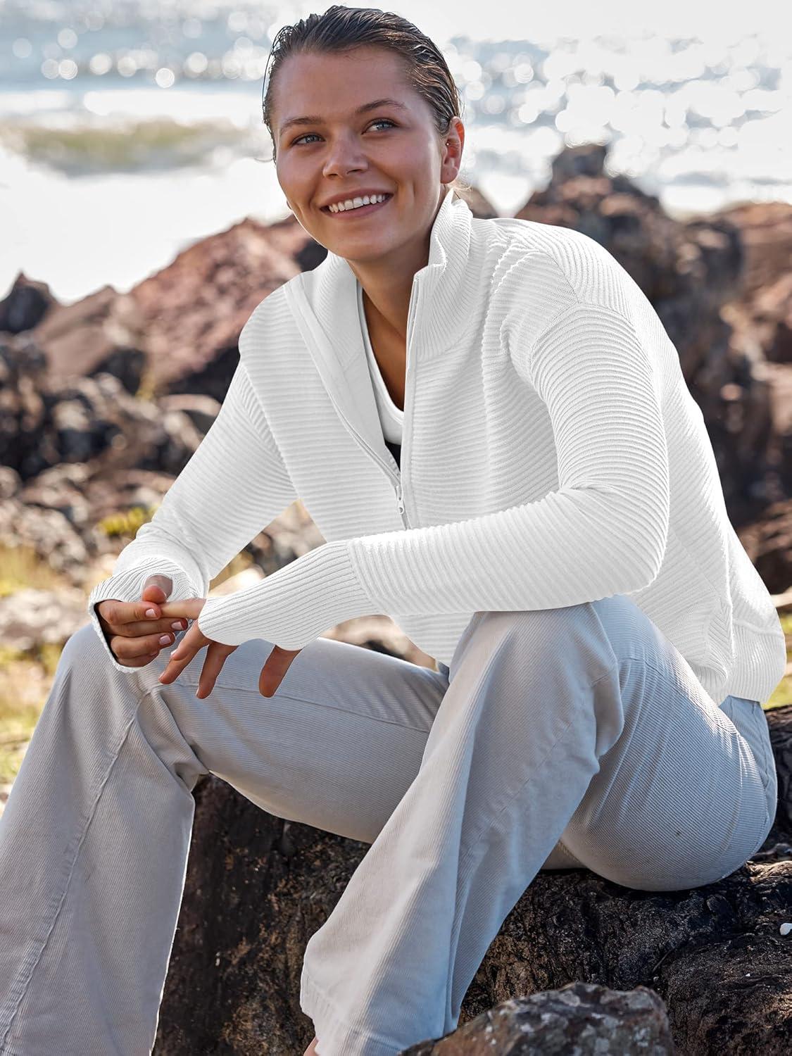 imageANRABESS Womens Long Sleeve Quarter Zip Pullover Sweater Casual Loose V Neck Collared Ribbed Knit Jumper Tops Thumb HoleWhite