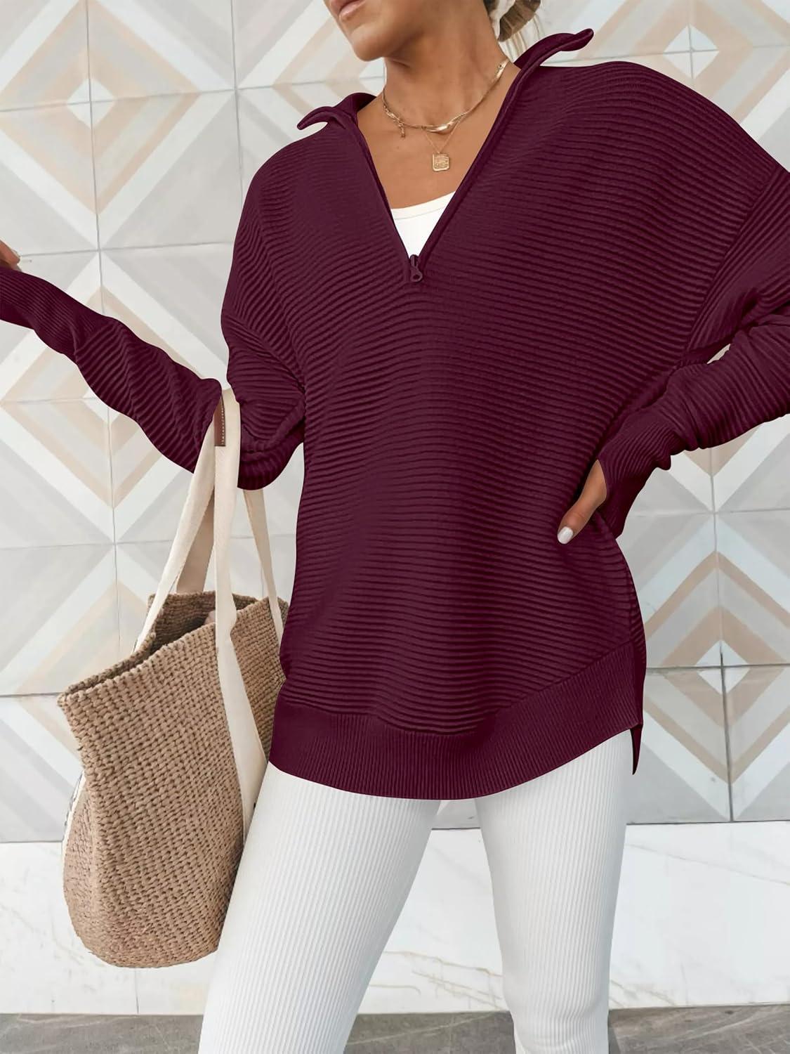 imageANRABESS Womens Long Sleeve Quarter Zip Pullover Sweater Casual Loose V Neck Collared Ribbed Knit Jumper Tops Thumb HoleWine Red