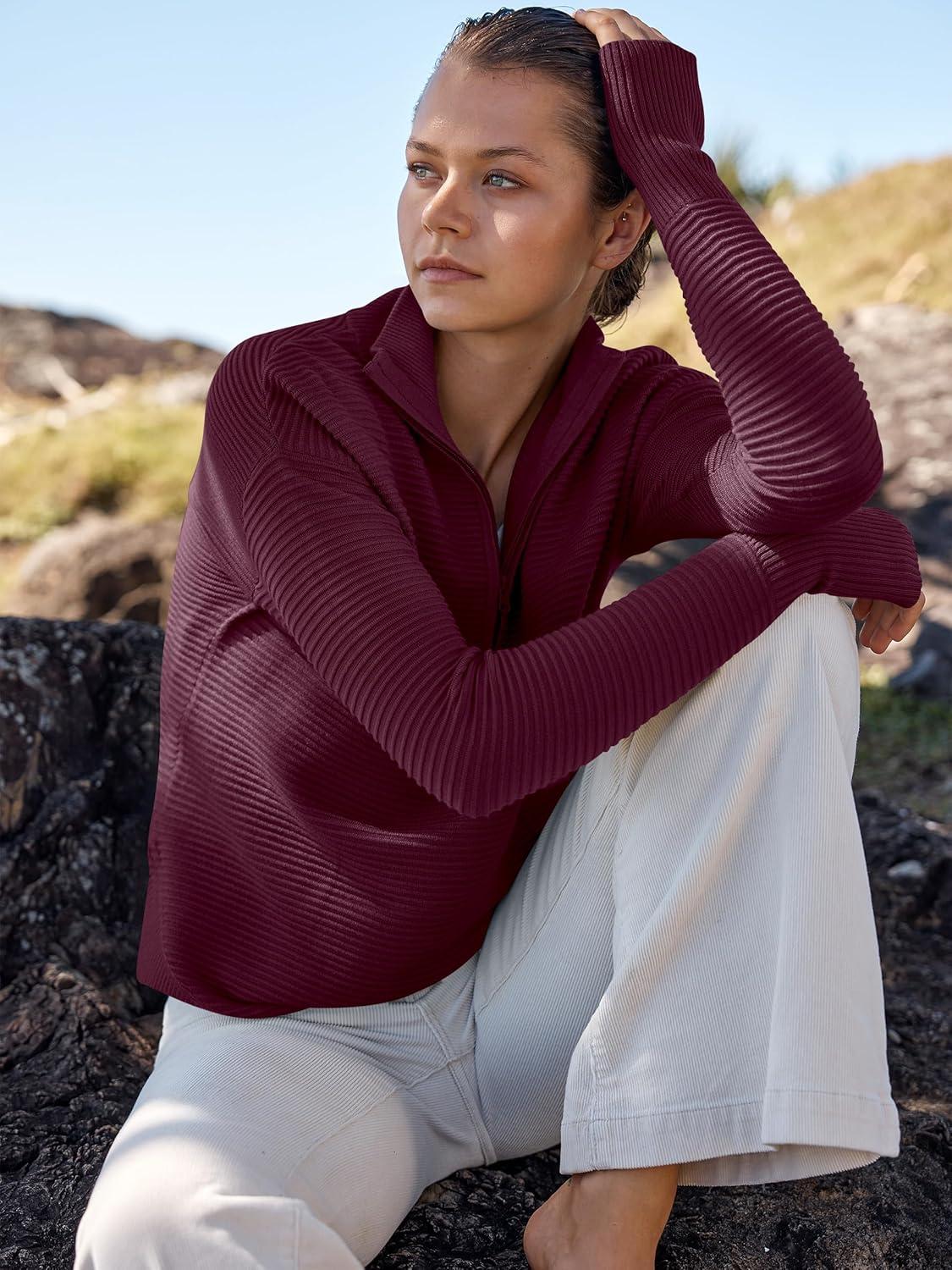 imageANRABESS Womens Long Sleeve Quarter Zip Pullover Sweater Casual Loose V Neck Collared Ribbed Knit Jumper Tops Thumb HoleWine Red