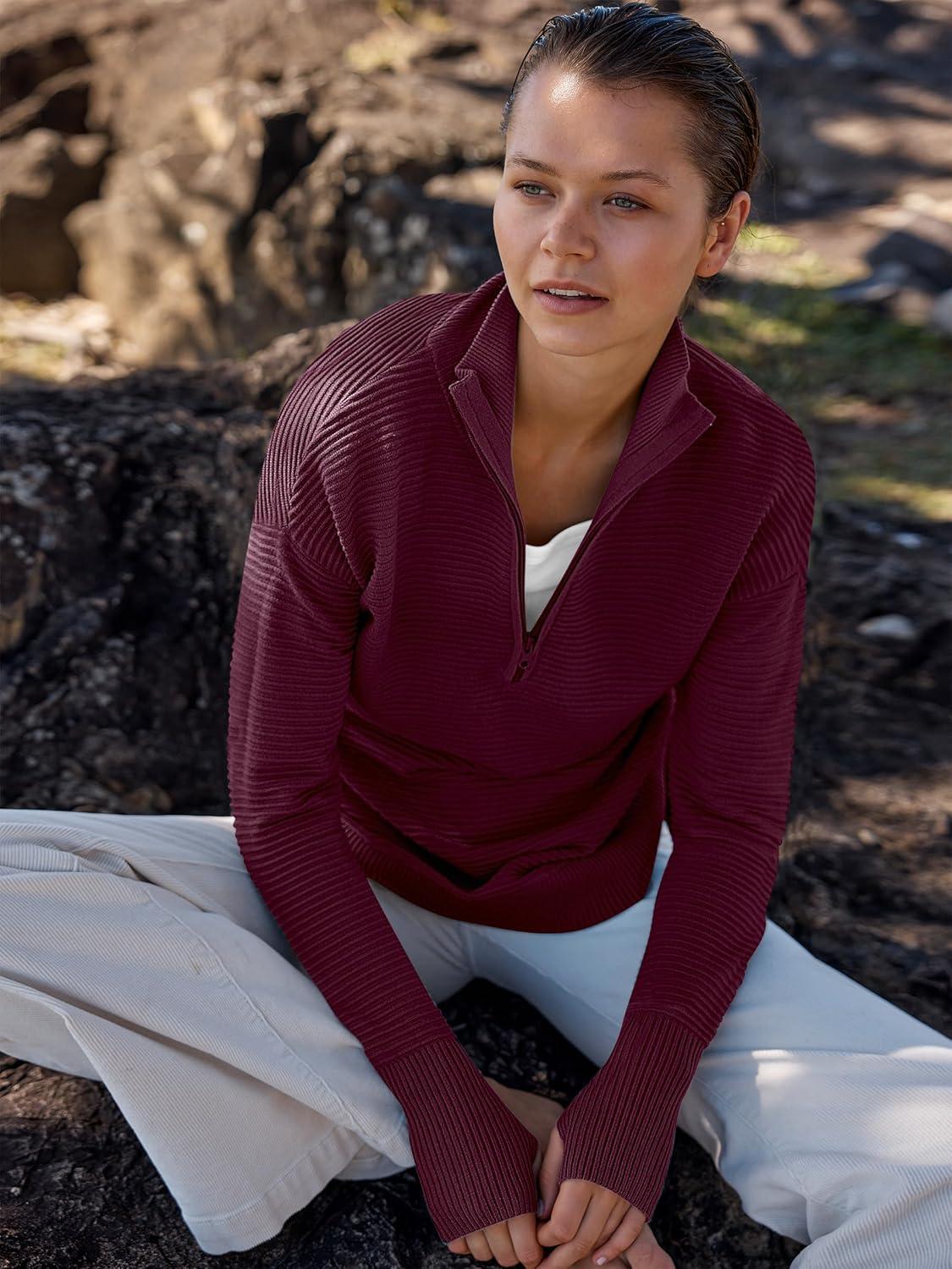 imageANRABESS Womens Long Sleeve Quarter Zip Pullover Sweater Casual Loose V Neck Collared Ribbed Knit Jumper Tops Thumb HoleWine Red