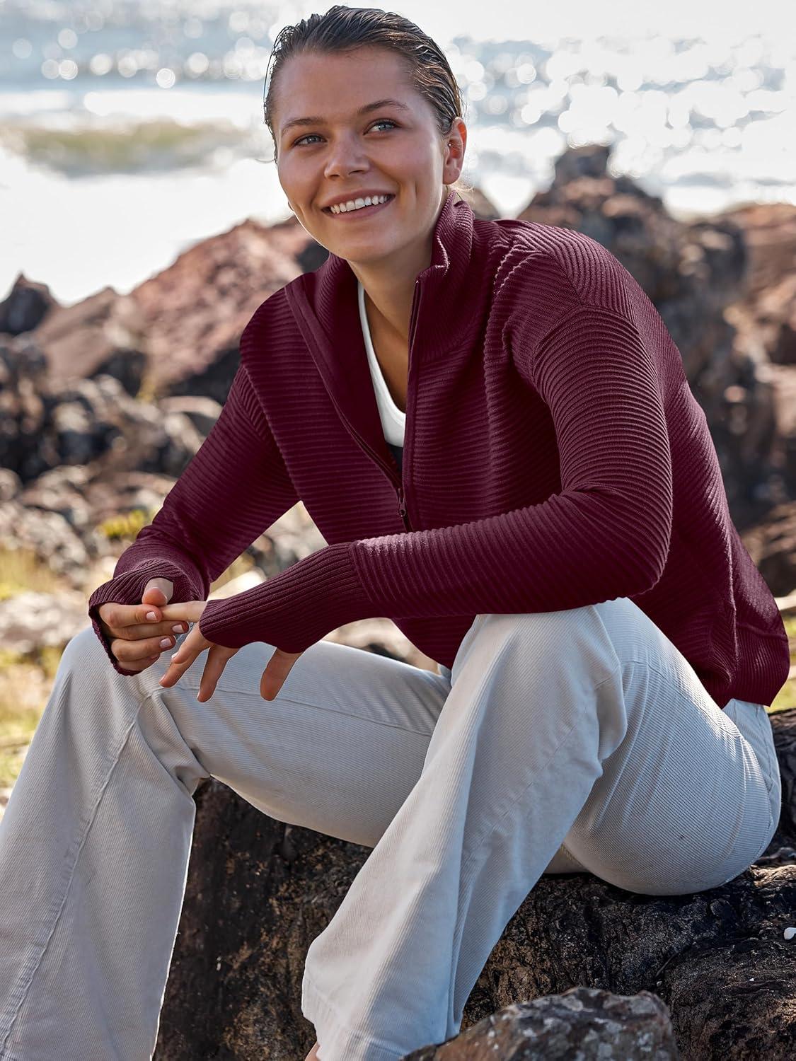 imageANRABESS Womens Long Sleeve Quarter Zip Pullover Sweater Casual Loose V Neck Collared Ribbed Knit Jumper Tops Thumb HoleWine Red