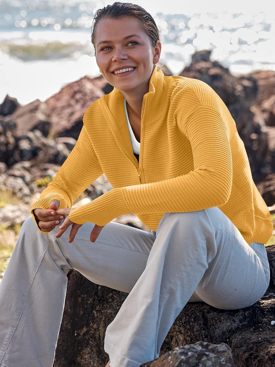 imageANRABESS Womens Long Sleeve Quarter Zip Pullover Sweater Casual Loose V Neck Collared Ribbed Knit Jumper Tops Thumb HoleYellow