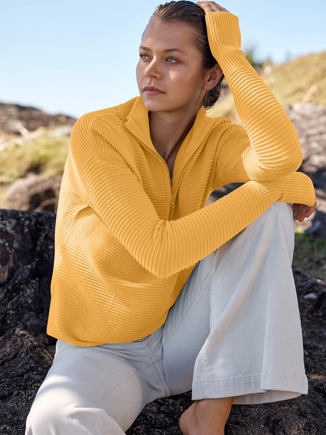 imageANRABESS Womens Long Sleeve Quarter Zip Pullover Sweater Casual Loose V Neck Collared Ribbed Knit Jumper Tops Thumb HoleYellow