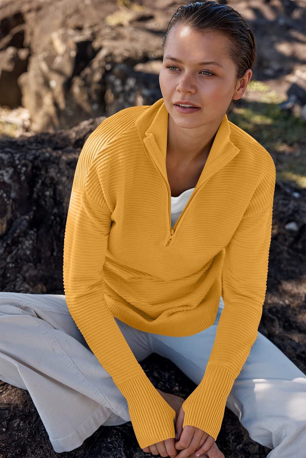 imageANRABESS Womens Long Sleeve Quarter Zip Pullover Sweater Casual Loose V Neck Collared Ribbed Knit Jumper Tops Thumb HoleYellow