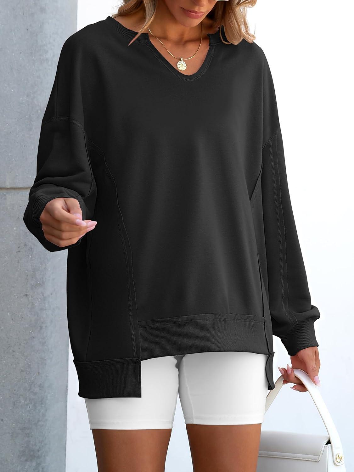 imageANRABESS Womens Oversized Sweatshirts Long Sleeve Tunic Shirts V Neck Loose Pullover Tops 2025 Trendy Fall Teen Girls OutfitBlack