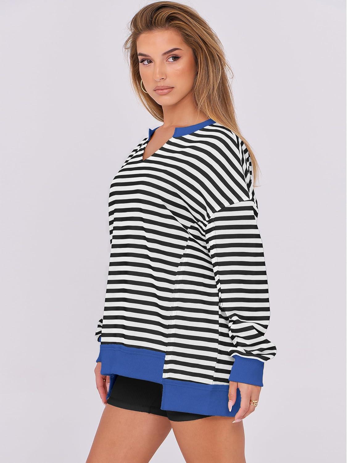 imageANRABESS Womens Oversized Sweatshirts Long Sleeve Tunic Shirts V Neck Loose Pullover Tops 2025 Trendy Fall Teen Girls OutfitBlack White
