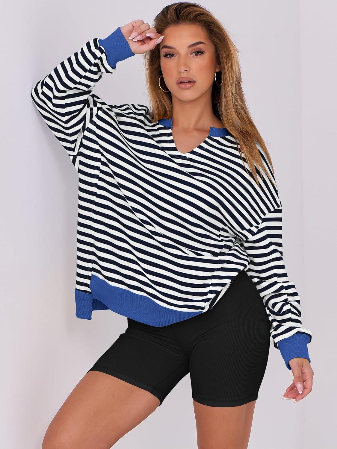 imageANRABESS Womens Oversized Sweatshirts Long Sleeve Tunic Shirts V Neck Loose Pullover Tops 2025 Trendy Fall Teen Girls OutfitBlack White