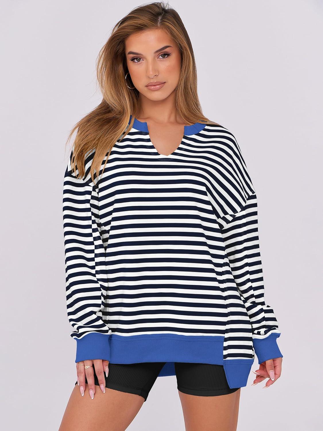 imageANRABESS Womens Oversized Sweatshirts Long Sleeve Tunic Shirts V Neck Loose Pullover Tops 2025 Trendy Fall Teen Girls OutfitBlack White