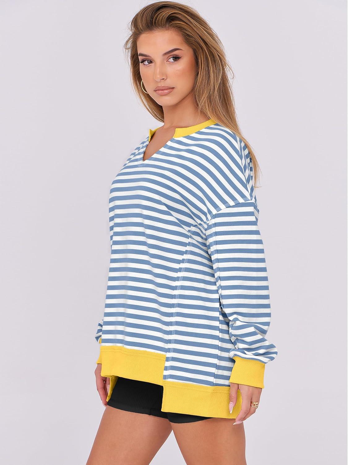 imageANRABESS Womens Oversized Sweatshirts Long Sleeve Tunic Shirts V Neck Loose Pullover Tops 2025 Trendy Fall Teen Girls OutfitBule White