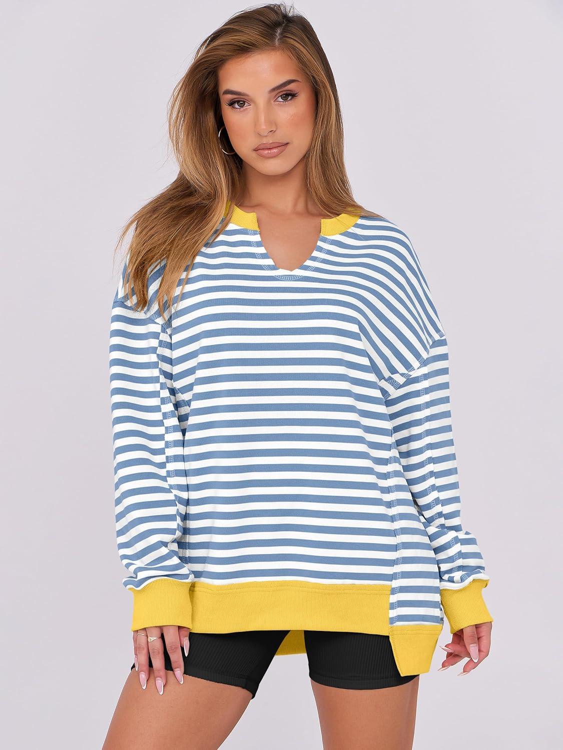 imageANRABESS Womens Oversized Sweatshirts Long Sleeve Tunic Shirts V Neck Loose Pullover Tops 2025 Trendy Fall Teen Girls OutfitBule White