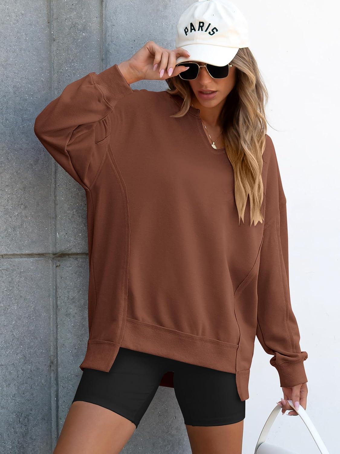 imageANRABESS Womens Oversized Sweatshirts Long Sleeve Tunic Shirts V Neck Loose Pullover Tops 2025 Trendy Fall Teen Girls OutfitCaramel Brown