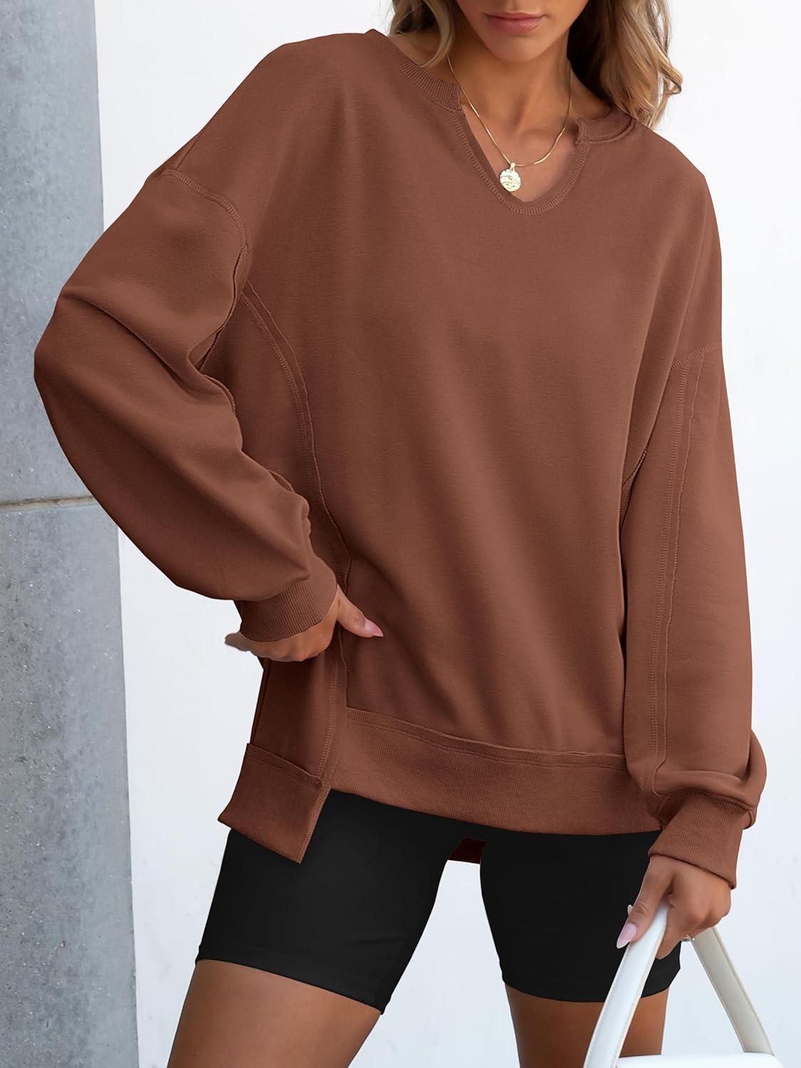 imageANRABESS Womens Oversized Sweatshirts Long Sleeve Tunic Shirts V Neck Loose Pullover Tops 2025 Trendy Fall Teen Girls OutfitCaramel Brown
