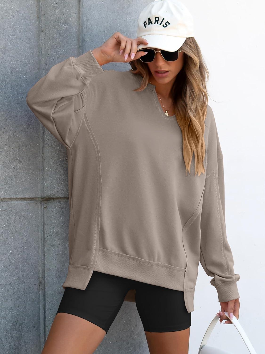 imageANRABESS Womens Oversized Sweatshirts Long Sleeve Tunic Shirts V Neck Loose Pullover Tops 2025 Trendy Fall Teen Girls OutfitDark Khaki