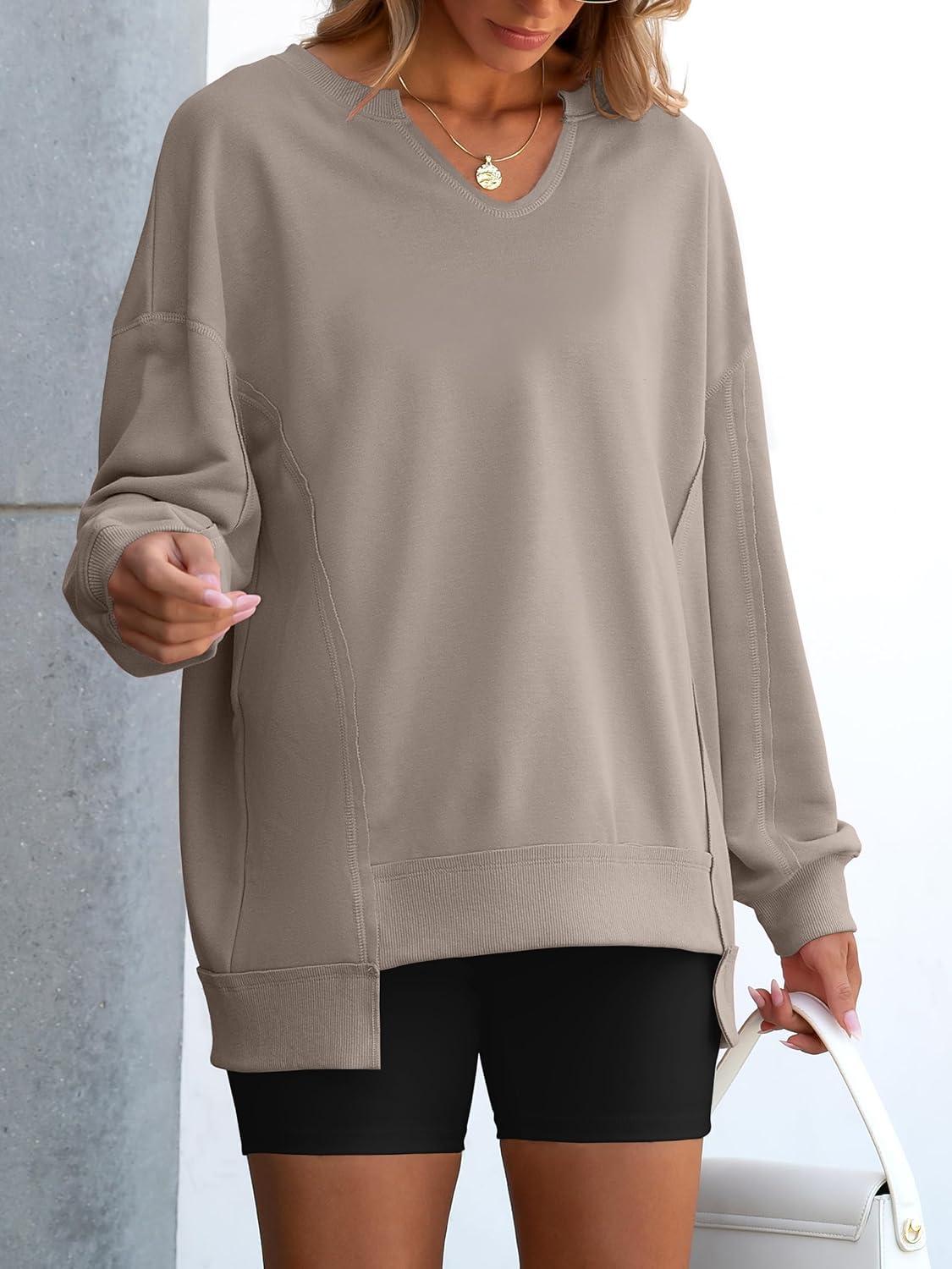 imageANRABESS Womens Oversized Sweatshirts Long Sleeve Tunic Shirts V Neck Loose Pullover Tops 2025 Trendy Fall Teen Girls OutfitDark Khaki