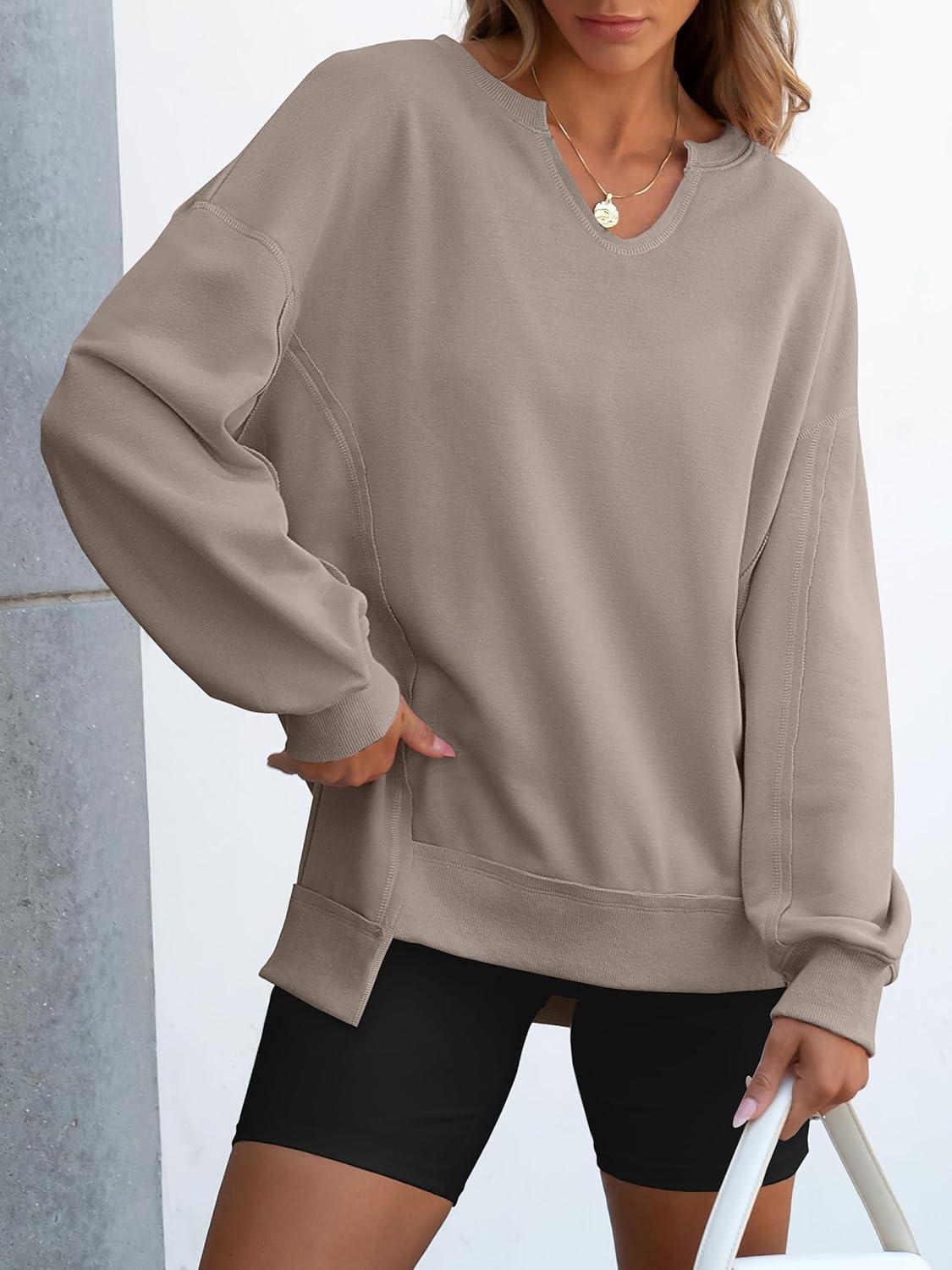 imageANRABESS Womens Oversized Sweatshirts Long Sleeve Tunic Shirts V Neck Loose Pullover Tops 2025 Trendy Fall Teen Girls OutfitDark Khaki