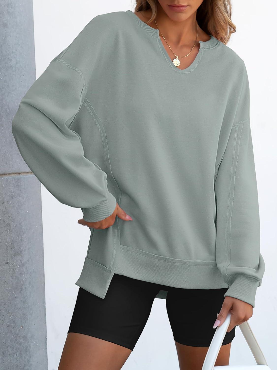 imageANRABESS Womens Oversized Sweatshirts Long Sleeve Tunic Shirts V Neck Loose Pullover Tops 2025 Trendy Fall Teen Girls OutfitLight Green