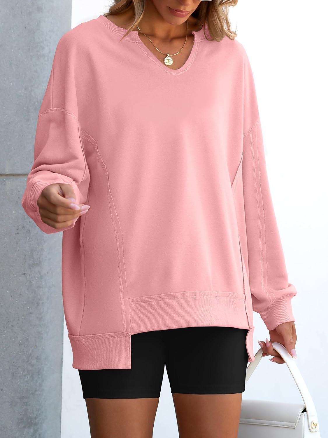 imageANRABESS Womens Oversized Sweatshirts Long Sleeve Tunic Shirts V Neck Loose Pullover Tops 2025 Trendy Fall Teen Girls OutfitPink
