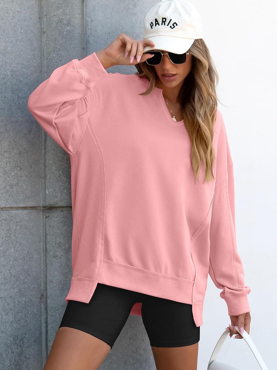 imageANRABESS Womens Oversized Sweatshirts Long Sleeve Tunic Shirts V Neck Loose Pullover Tops 2025 Trendy Fall Teen Girls OutfitPink