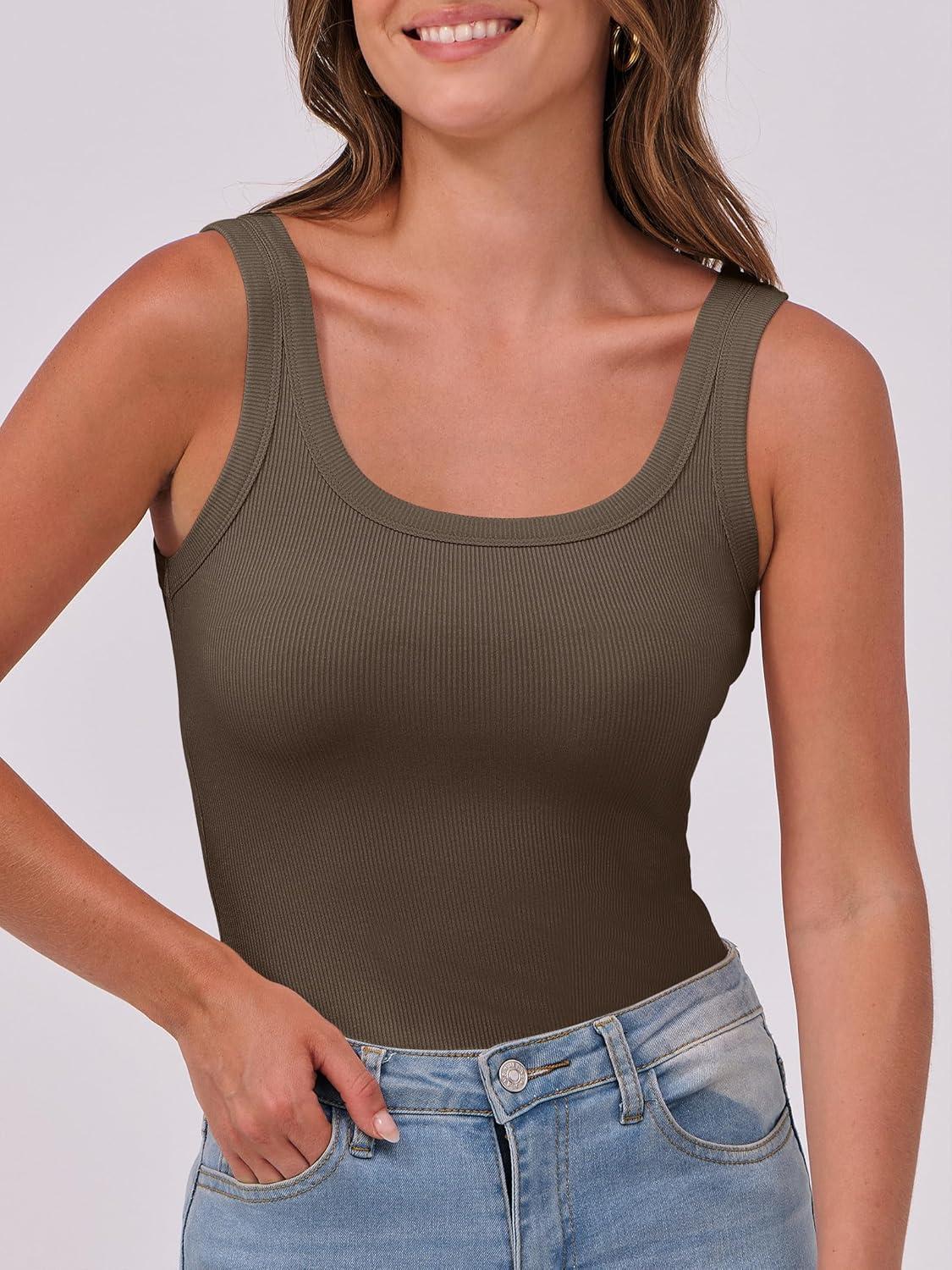 imageANRABESS Womens Sleeveless Scoop Neck Tank Top Ribbed Fitted Summer Basic Slim Cute Tops 2025Brown