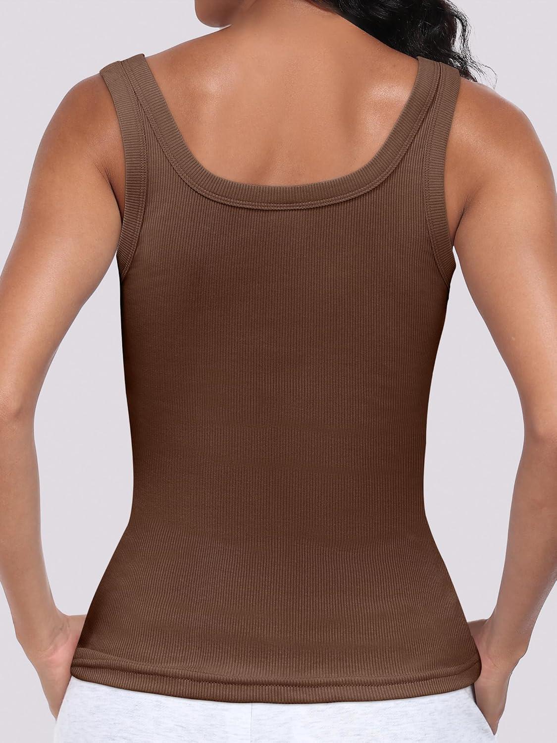 imageANRABESS Womens Sleeveless Scoop Neck Tank Top Ribbed Fitted Summer Basic Slim Cute Tops 2025Coffee Brown