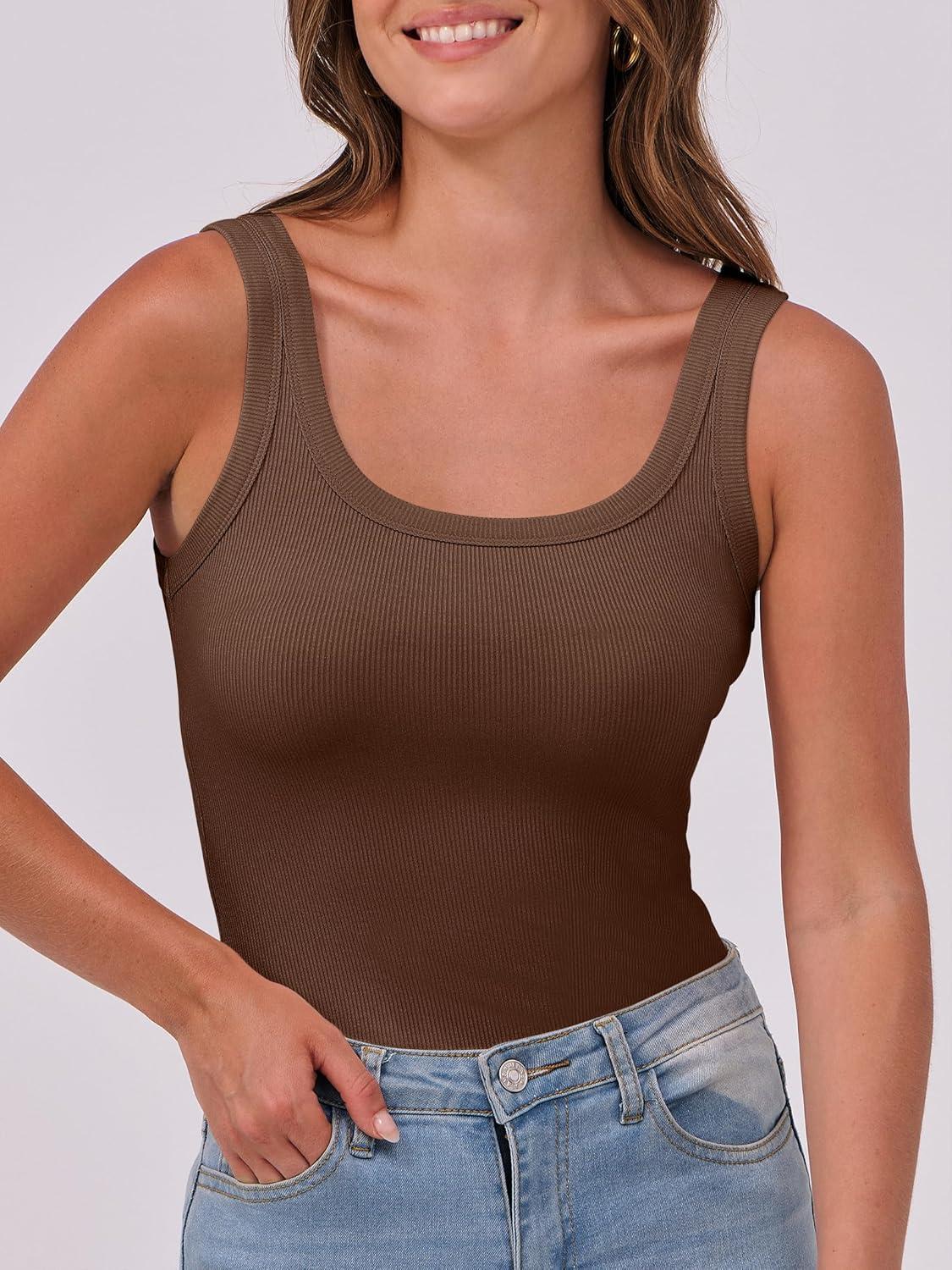 imageANRABESS Womens Sleeveless Scoop Neck Tank Top Ribbed Fitted Summer Basic Slim Cute Tops 2025Coffee Brown