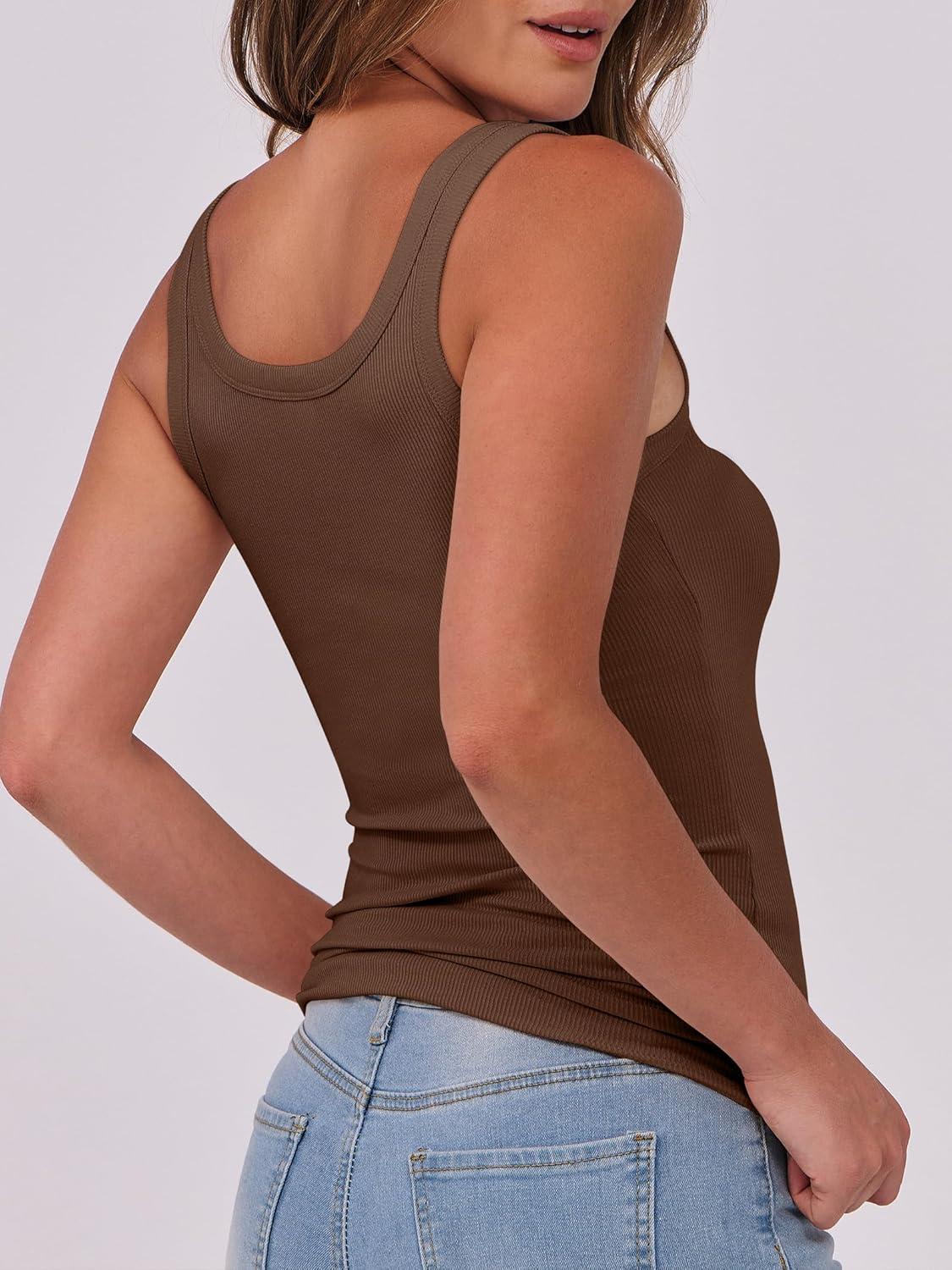 imageANRABESS Womens Sleeveless Scoop Neck Tank Top Ribbed Fitted Summer Basic Slim Cute Tops 2025Coffee Brown